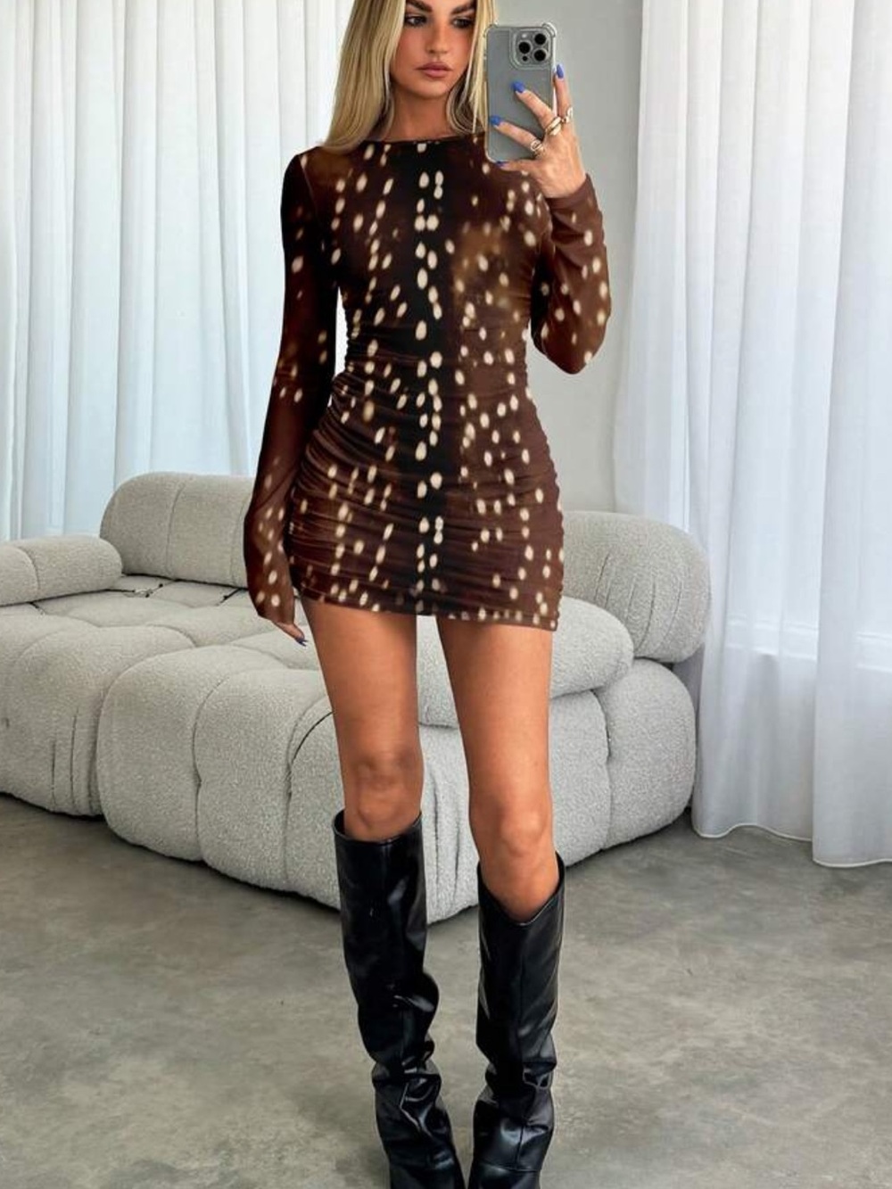Women's Solid Color Round Neck Long Sleeve Ruched Christmas Deer Print